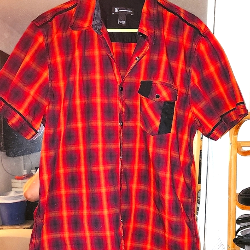 INC Brand Red and Black Plaid Men's  Button Up Shirt Large